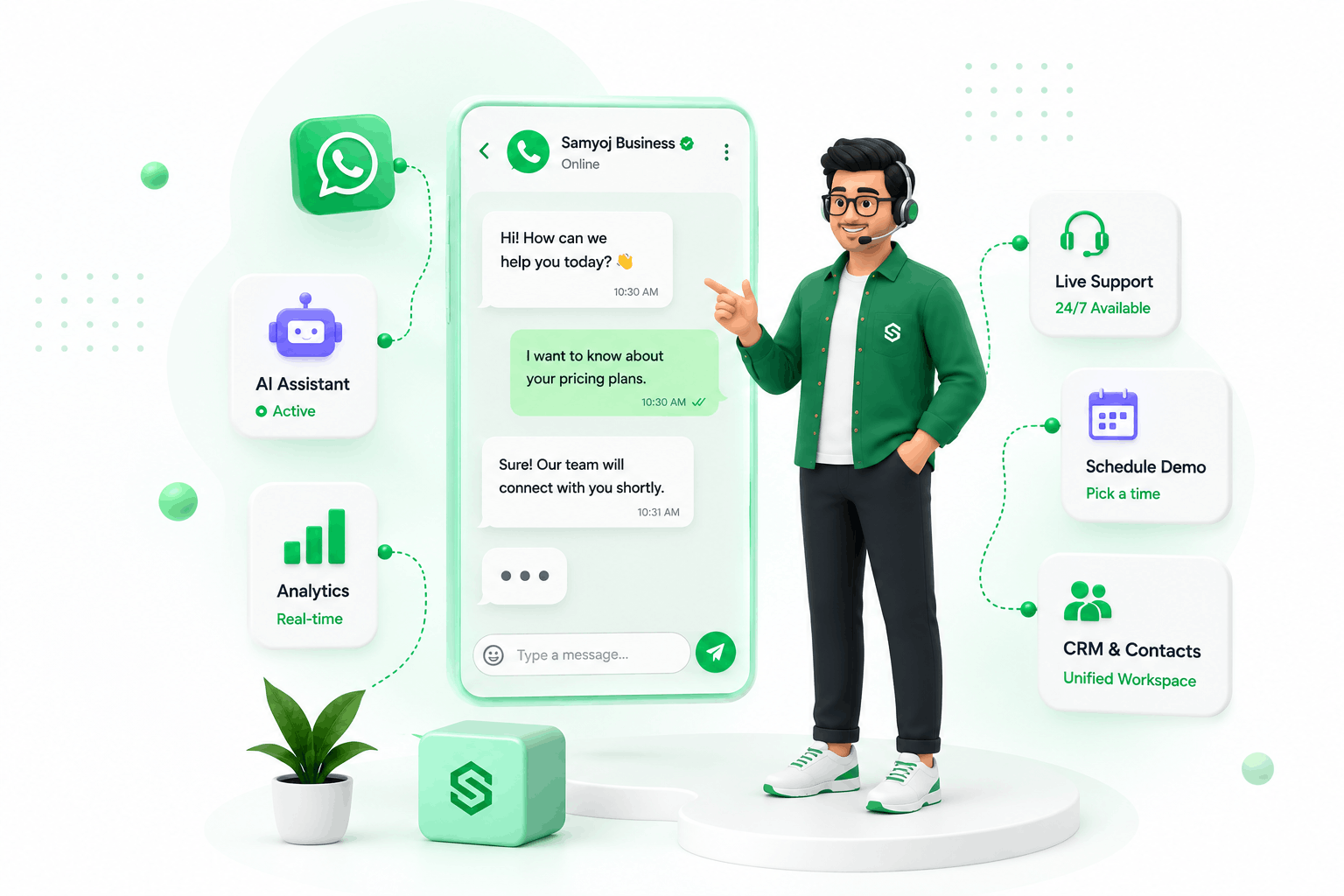 Samyoj support specialist helping customers over WhatsApp with AI, analytics and CRM tools