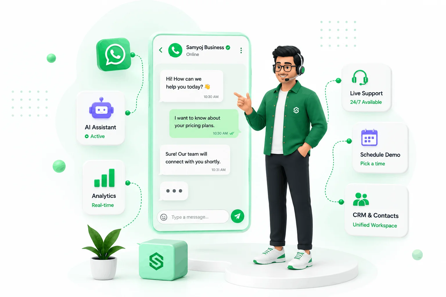 Samyoj support specialist helping customers over WhatsApp with AI, analytics and CRM tools