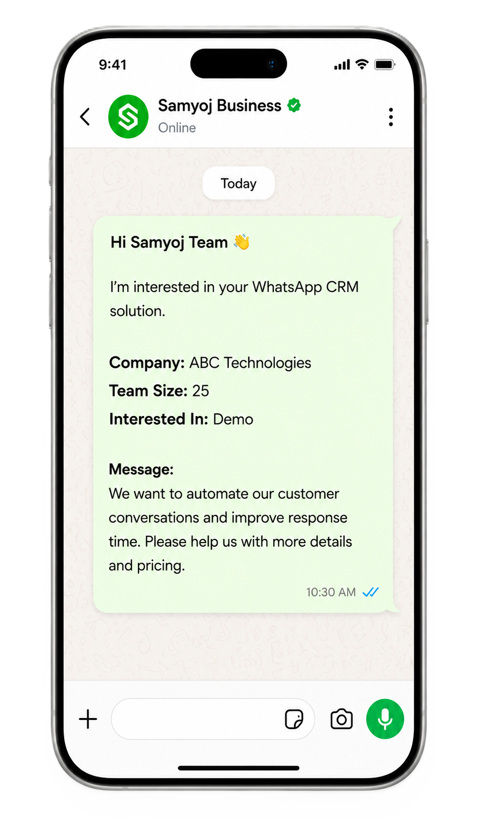 Preview of a WhatsApp message to Samyoj Business with company, team size, interest and message details