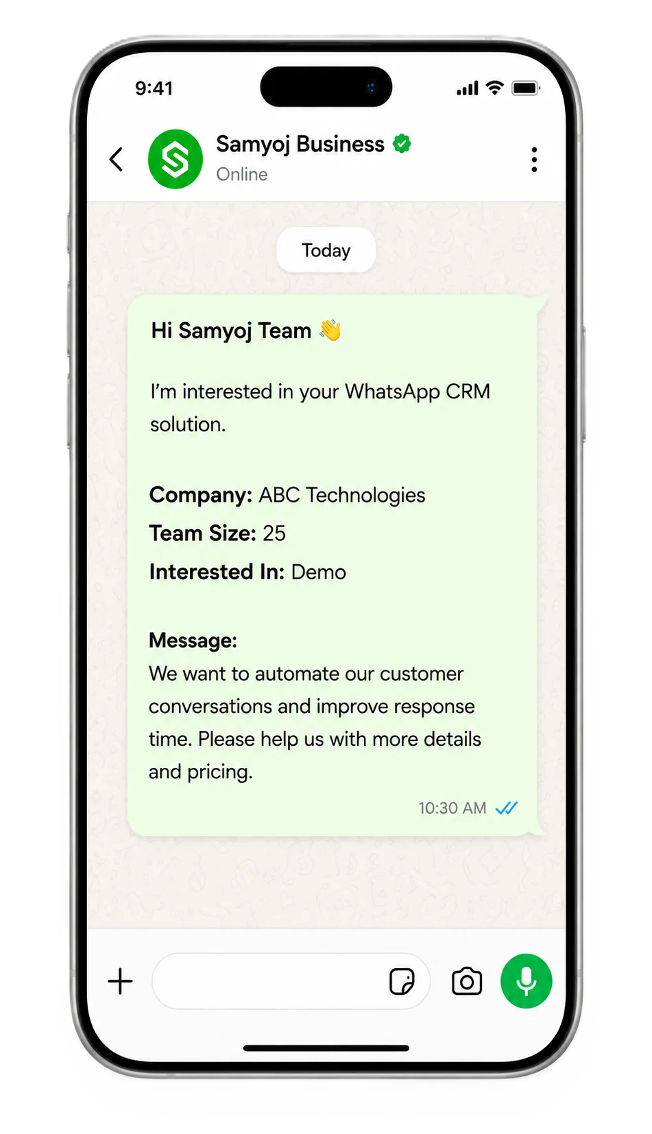 Preview of a WhatsApp message to Samyoj Business with company, team size, interest and message details