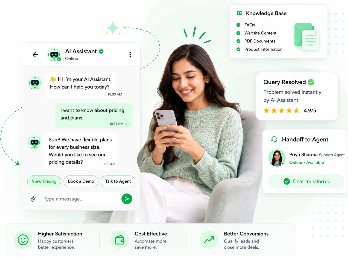 AI Assistant chat interface with knowledge base, query resolution, and agent handoff