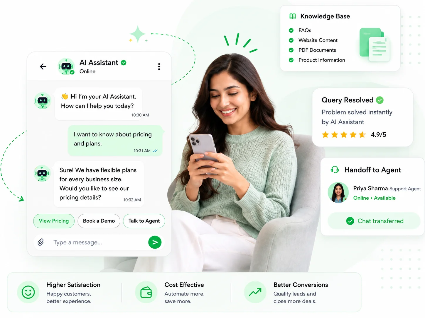 AI Assistant chat interface with knowledge base, query resolution, and agent handoff