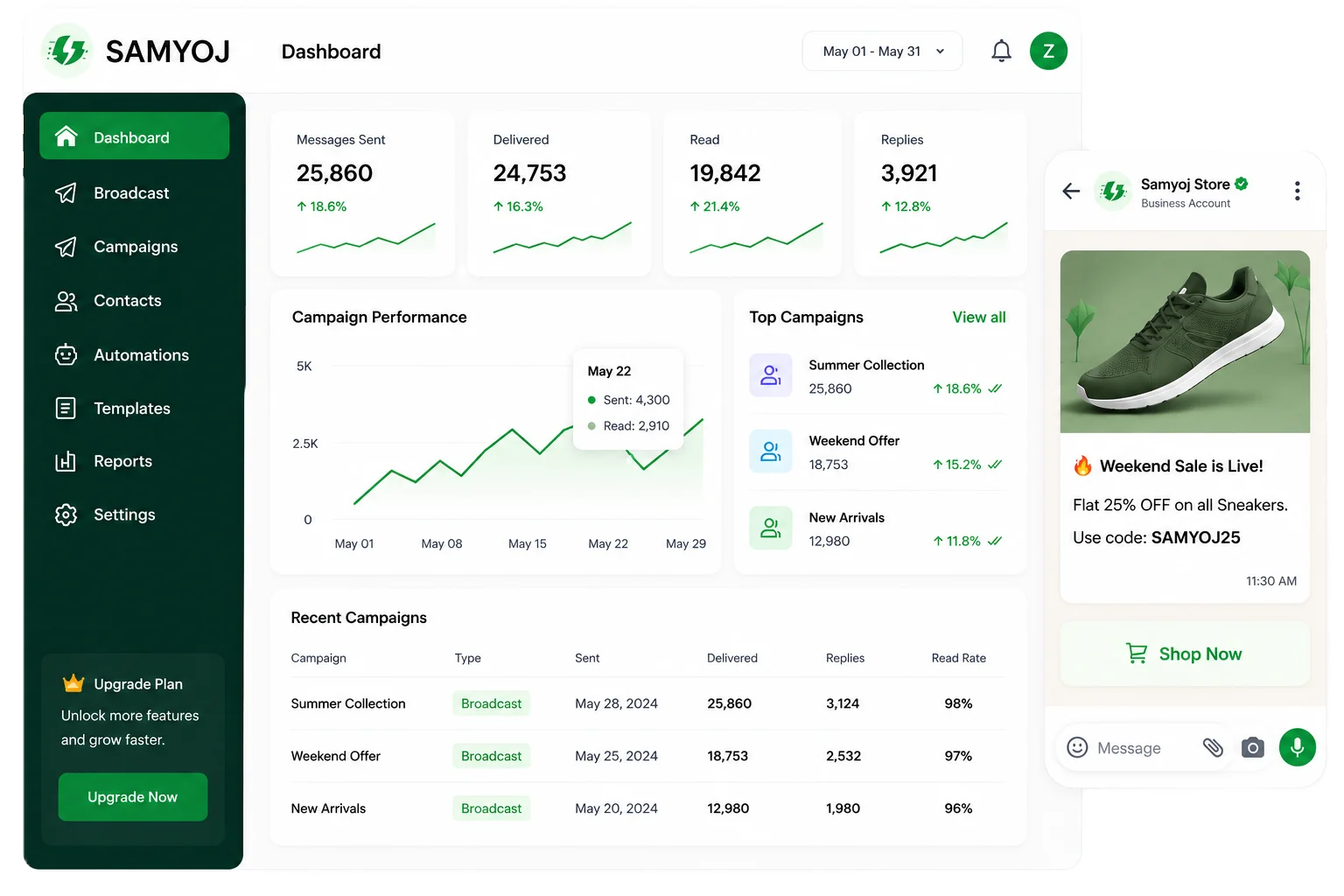 Samyoj WhatsApp CRM product demo video preview